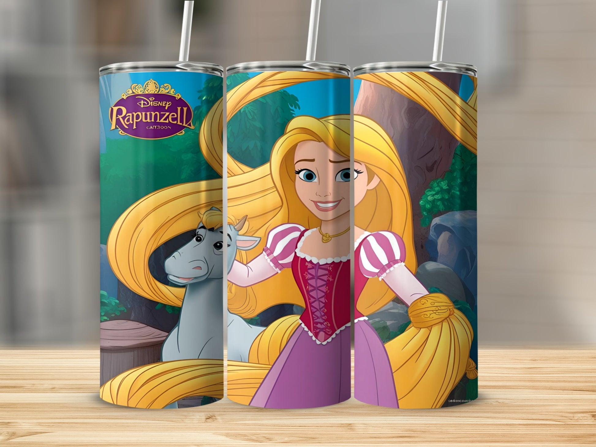 Rapunzel and Pascal from Disney's Tangled on a tumbler.