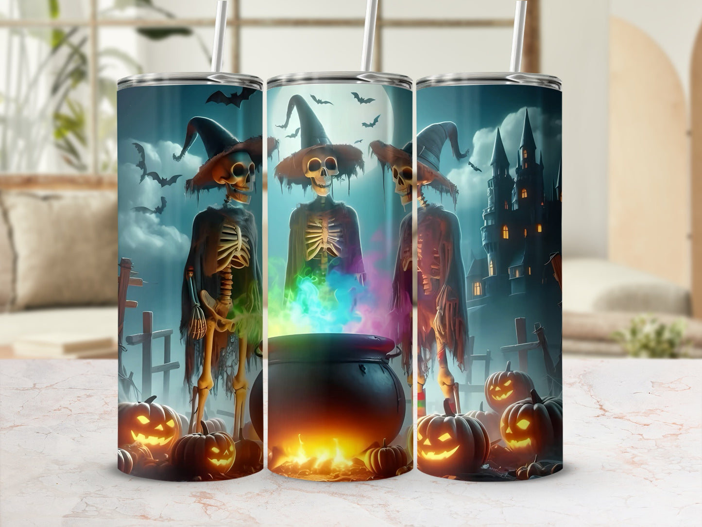 Spooky Skeleton and Cauldron Halloween Tumbler