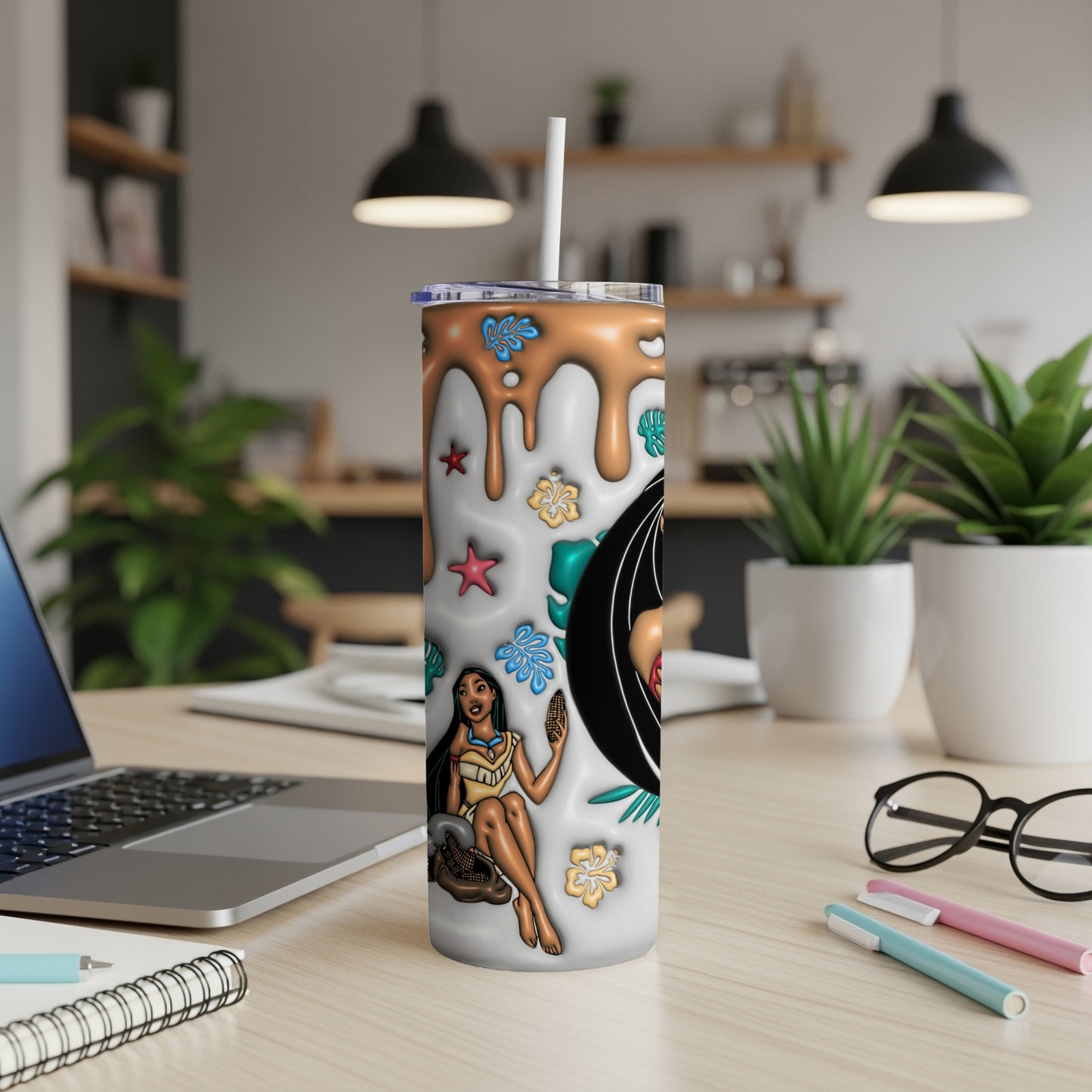 Pocahontas on a white tumbler with tribal patterns and floral accents.