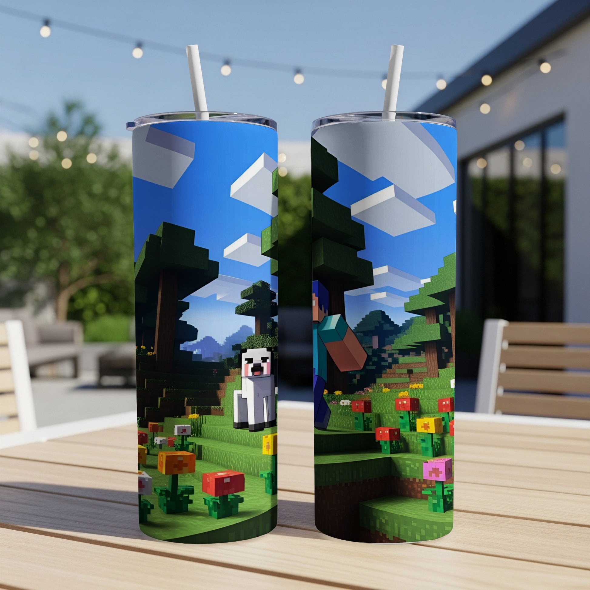Minecraft characters and sheep in a pixelated forest scene on two tumblers.