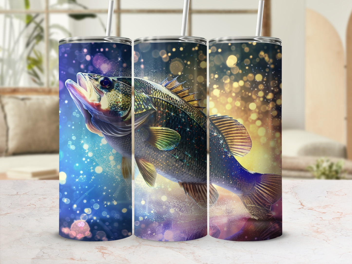 Triptych of a bass fish against a bokeh and glitter background.
