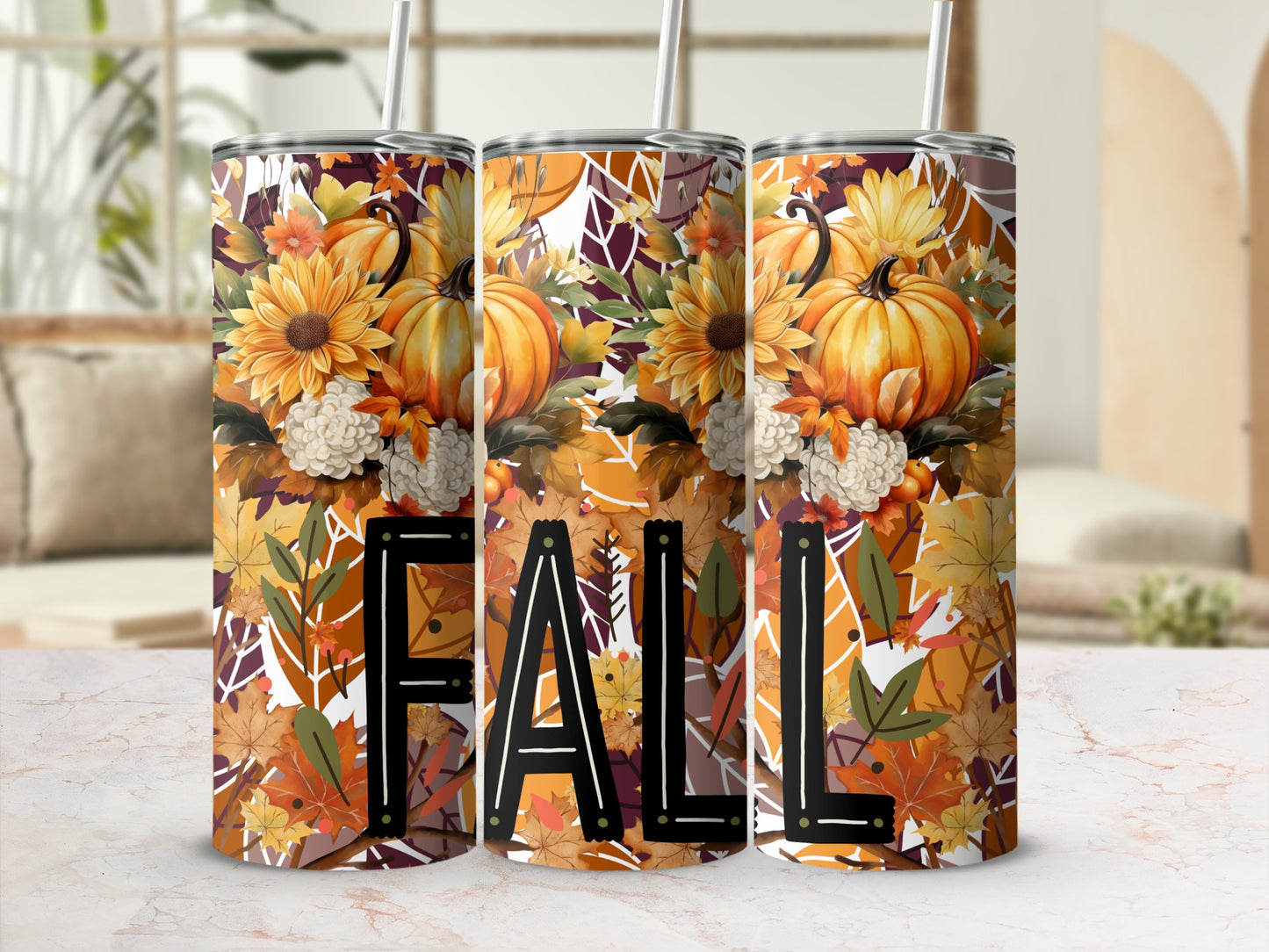 Fall Themed Pumpkin Floral Design Tumbler