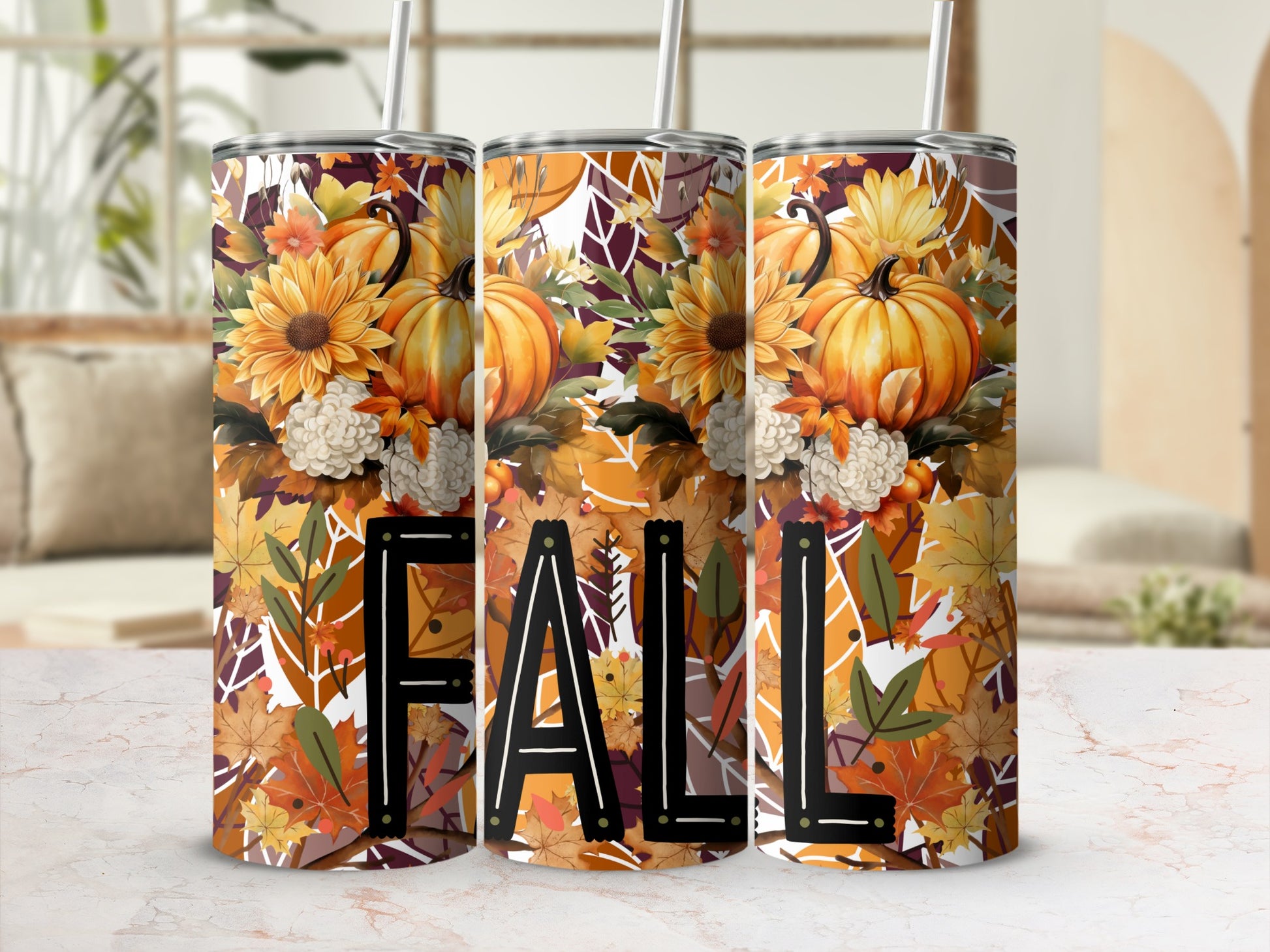 Fall Themed Pumpkin Floral Design Tumbler