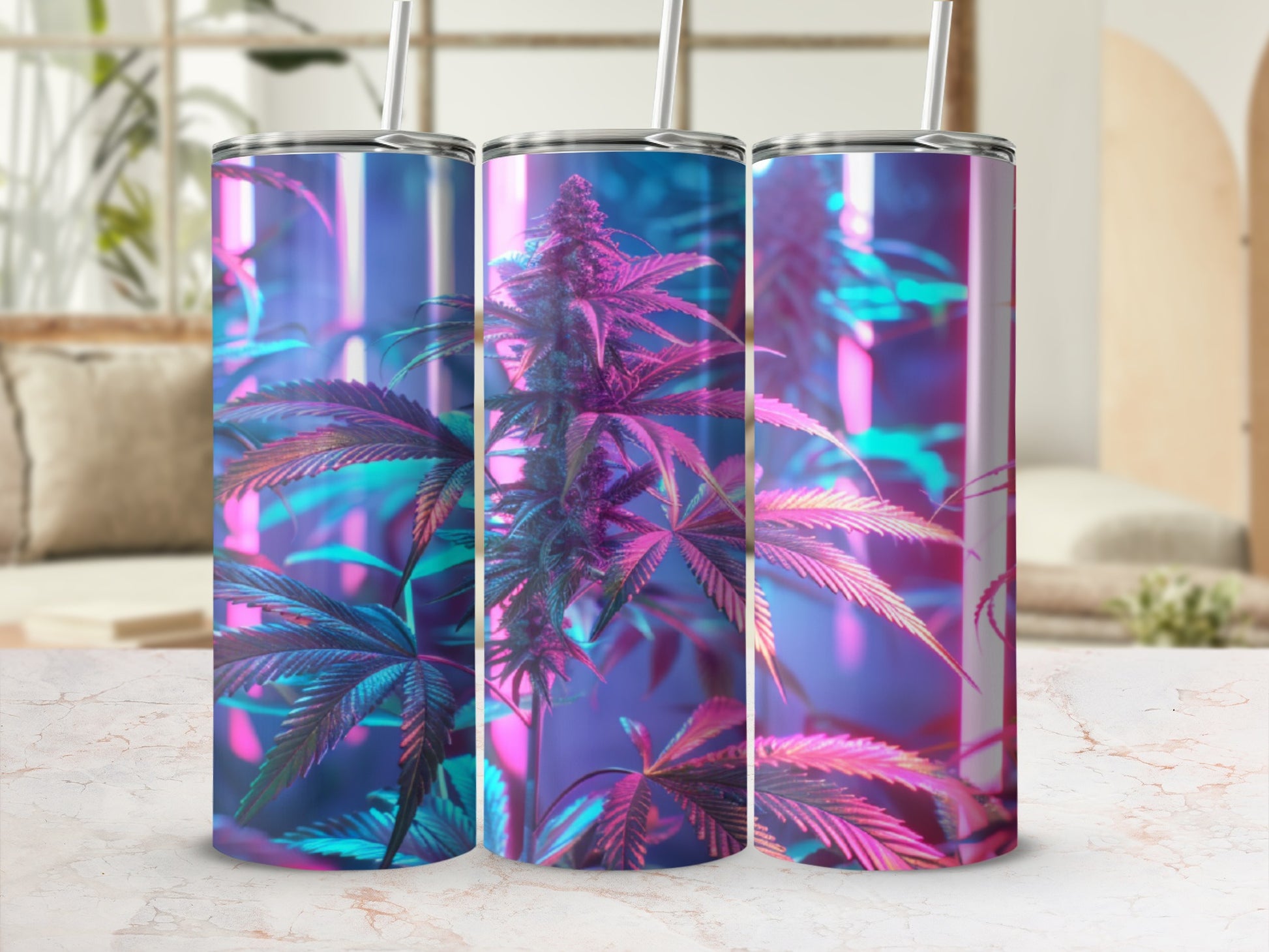 Three tumblers with cannabis leaf design in neon blue and pink hues.