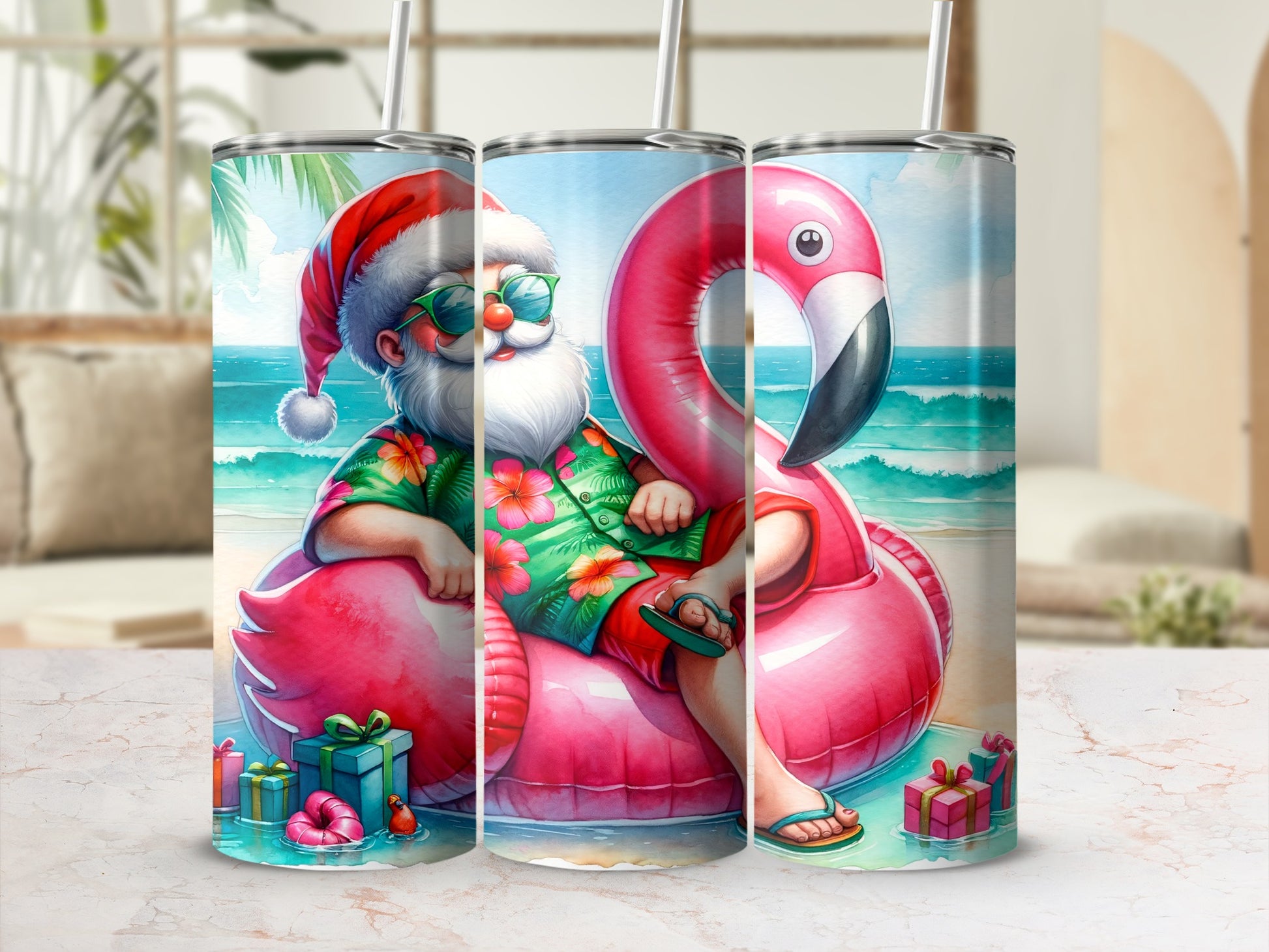 Santa Claus on a pink flamingo float with gifts, beach background.