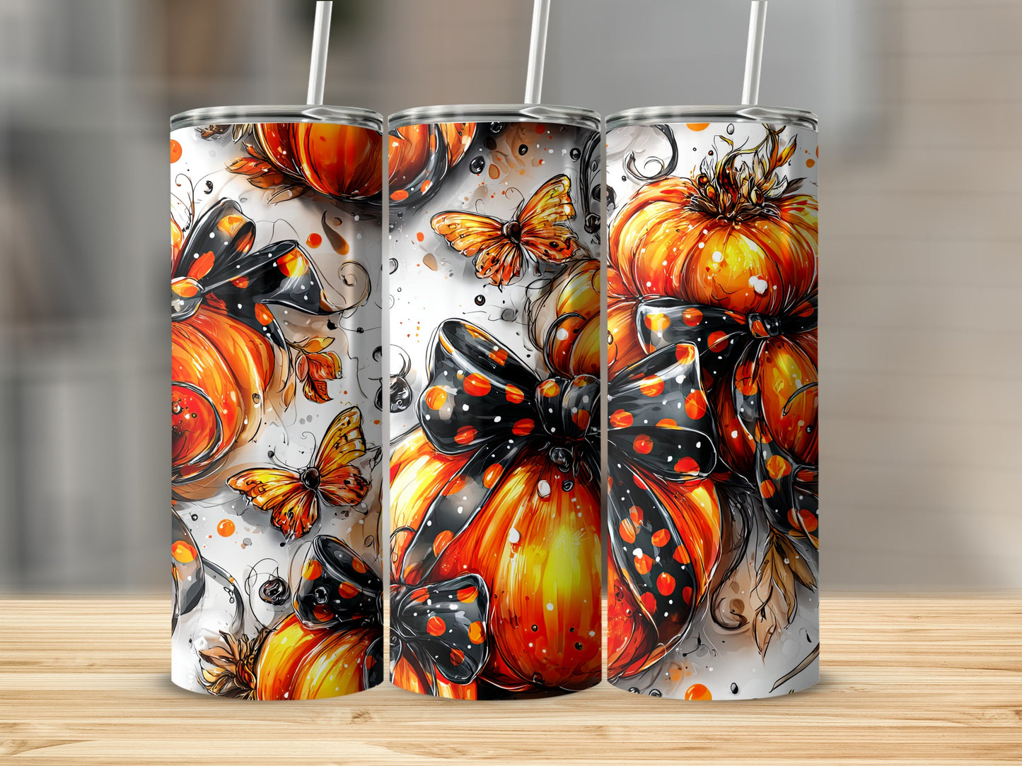 Whimsical Pumpkin and Butterfly Art Tumbler Design