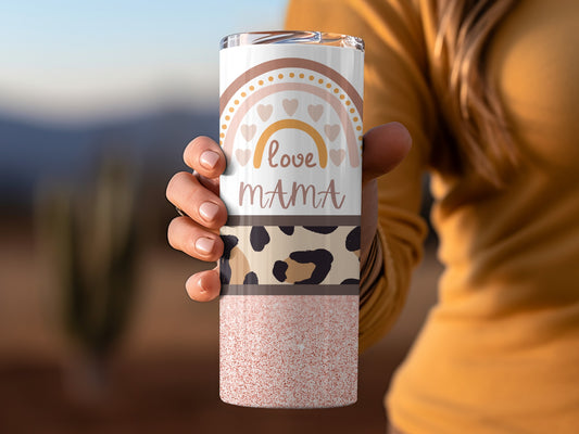 Love Mama Heart and Leopard Print Tumbler Cup