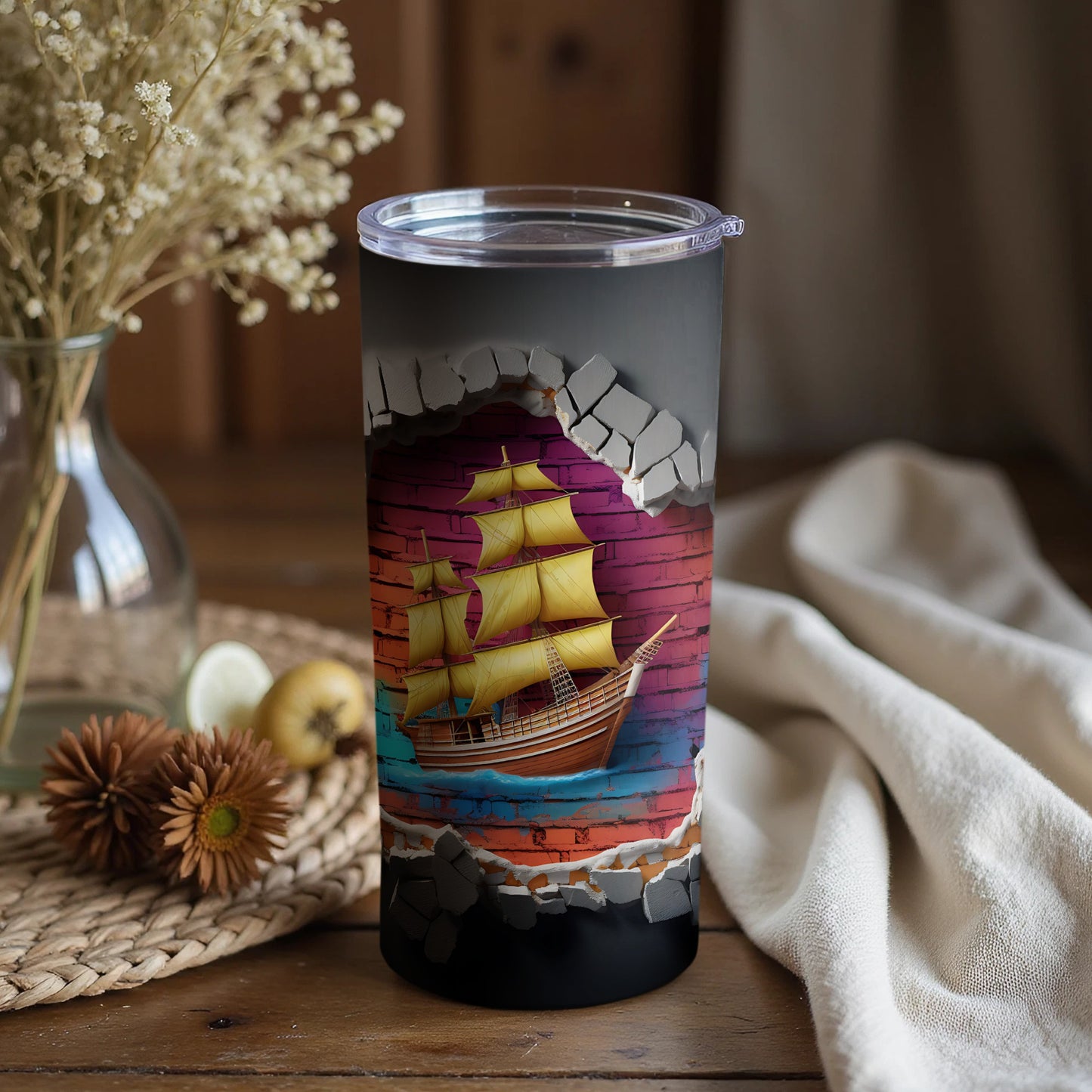 Vintage Sailboat Art on Broken Wall Effect Tumbler