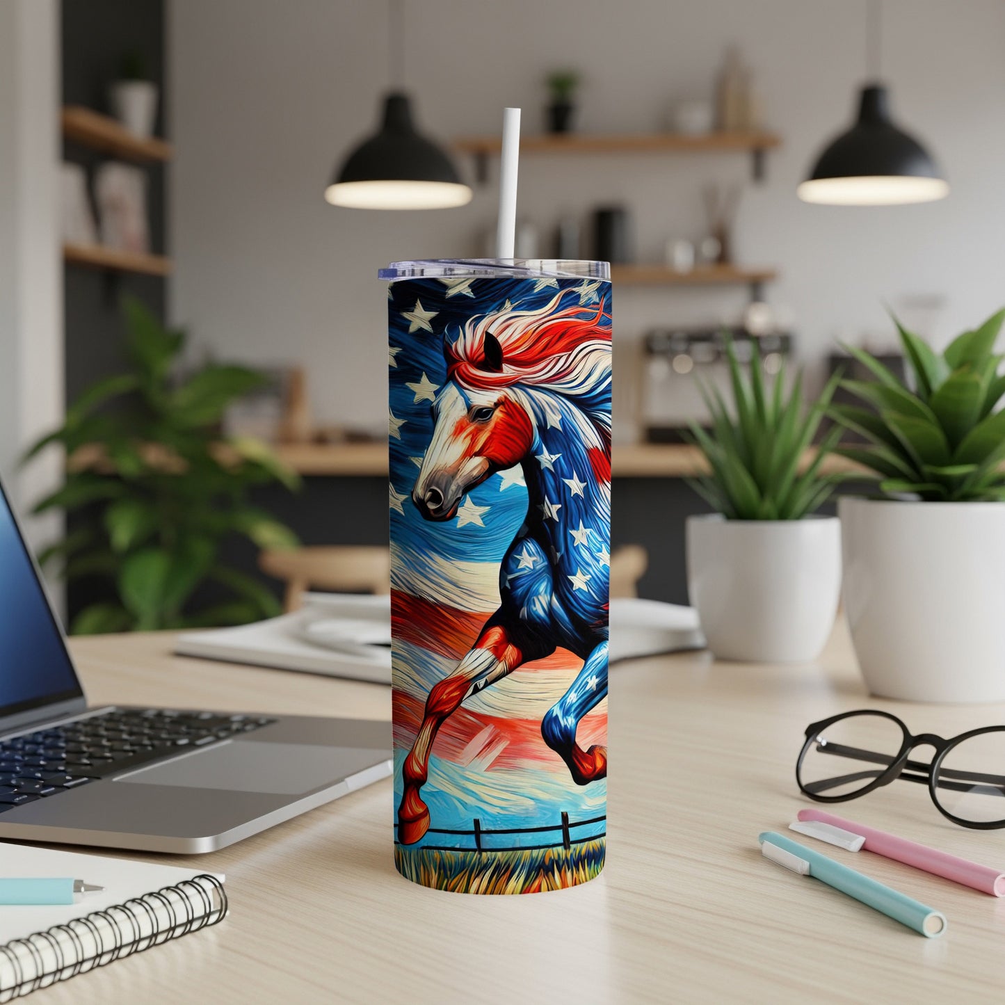 USA flag horse design on a tumbler with a straw.