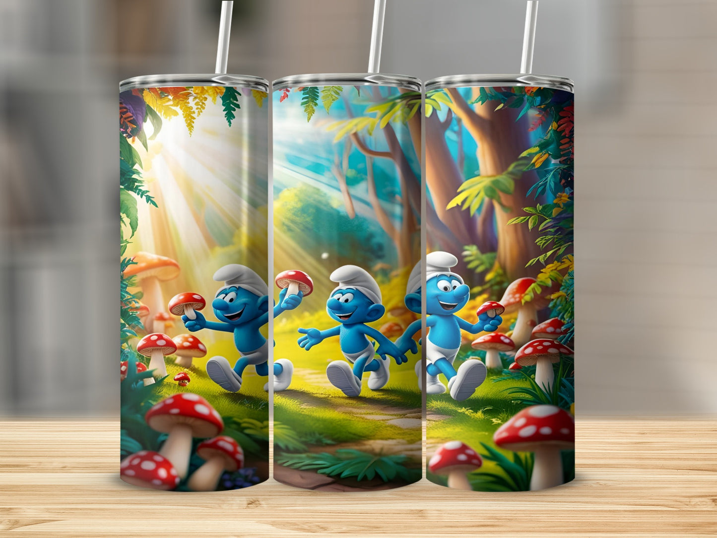 Three Smurfs walking through a forest with mushrooms, bathed in sunlight.