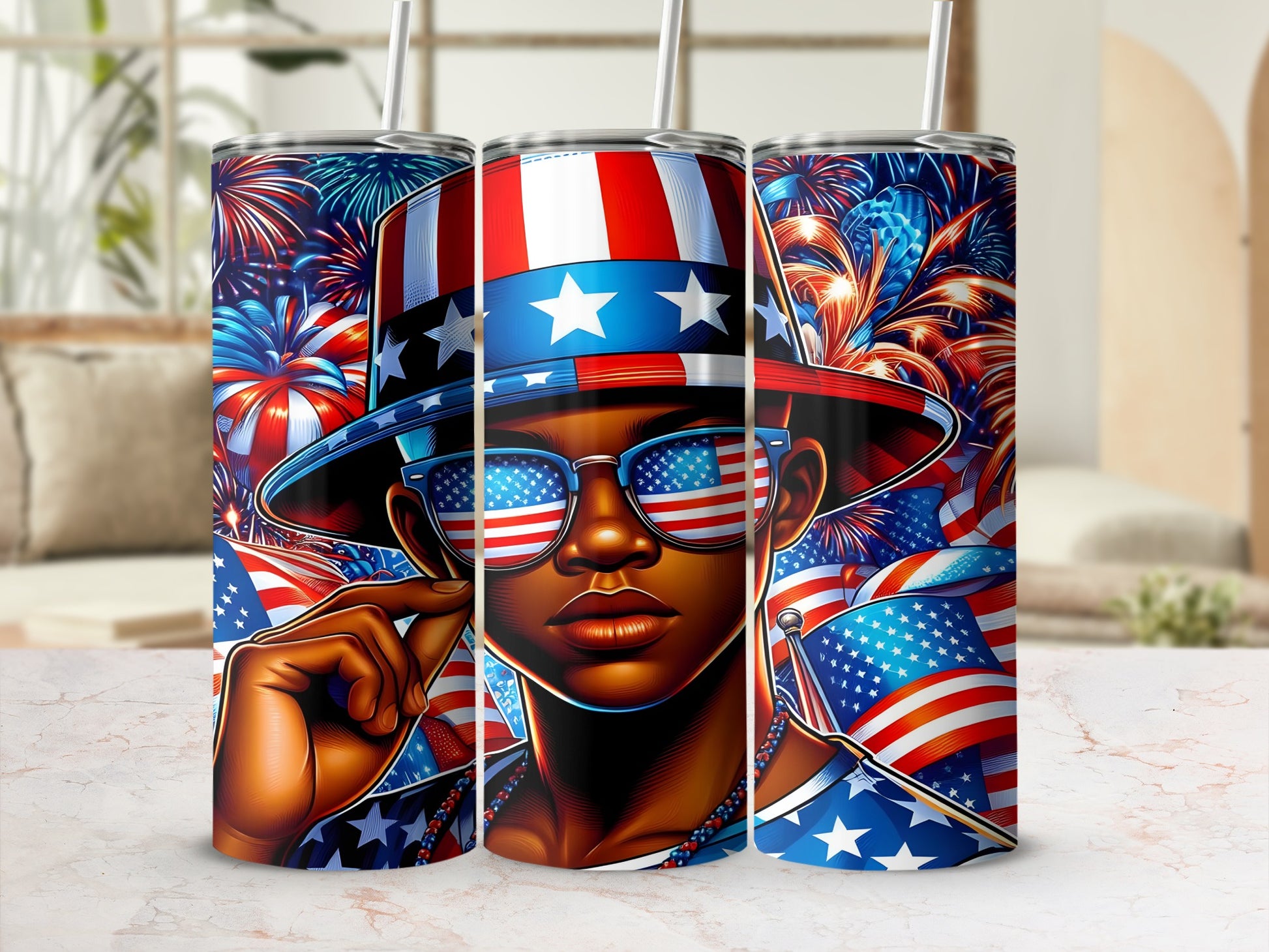 Person wearing patriotic hat and sunglasses with American flags and fireworks.