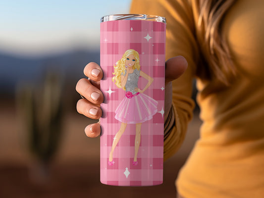 Pink Tumbler with Stylish Girl Design Checkered Pattern