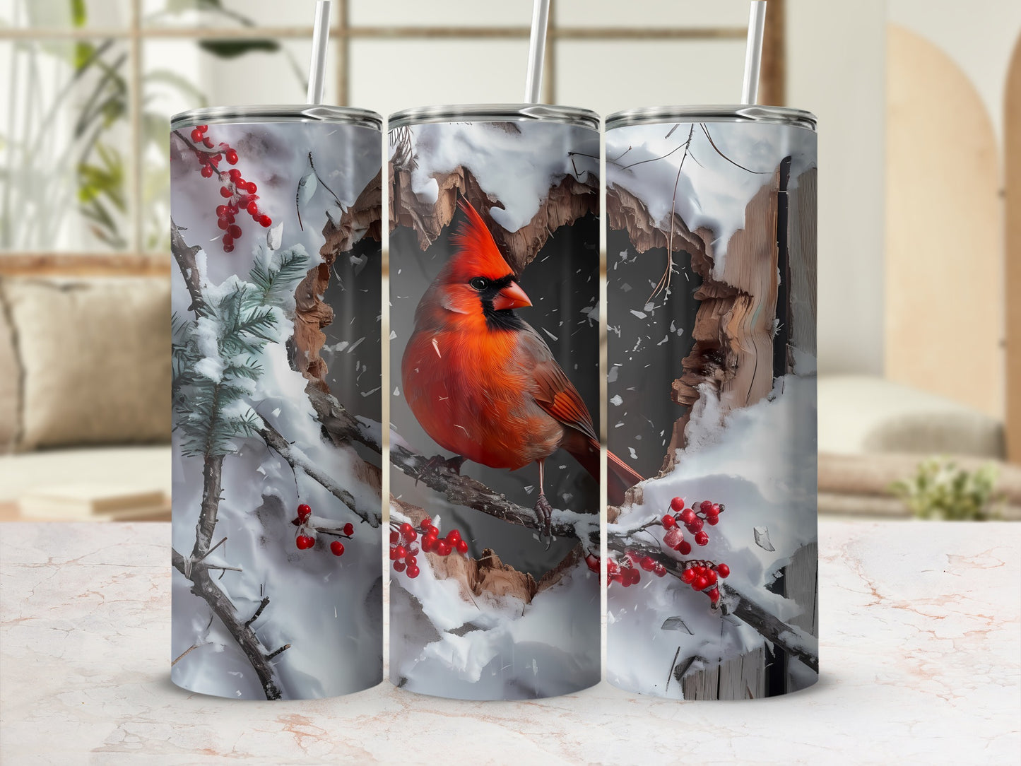 Cardinal perched on snowy branch inside heart-shaped opening.