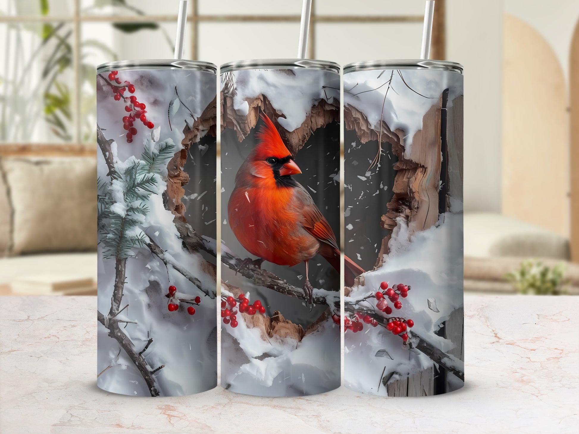 Cardinal perched on snowy branch inside heart-shaped opening.
