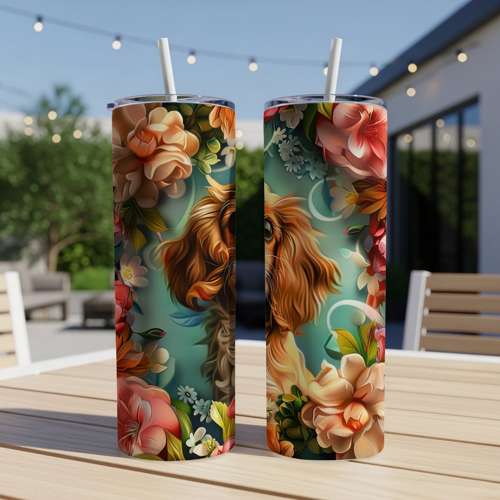 Two tumblers featuring a painting of a dog surrounded by colorful flowers.