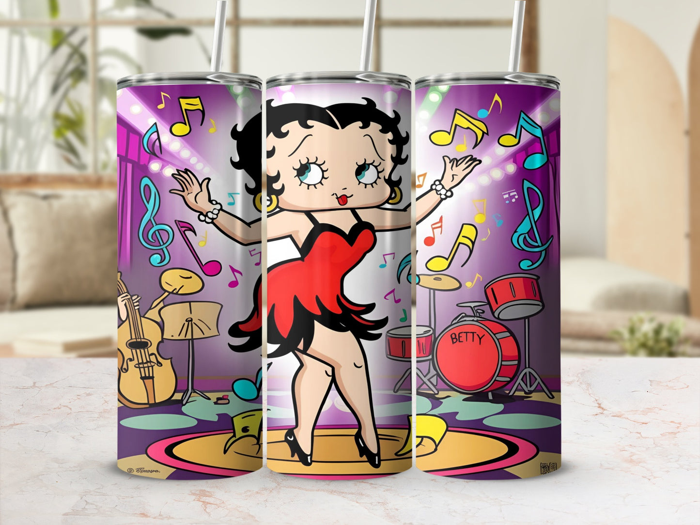 Betty Boop dancing with musical notes, a double bass, and drums.