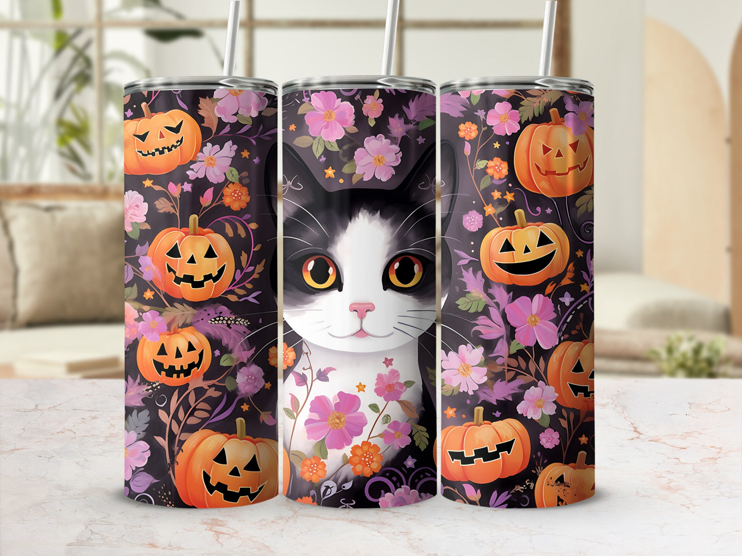 Black and white cat with pumpkins and flowers on a tumbler.