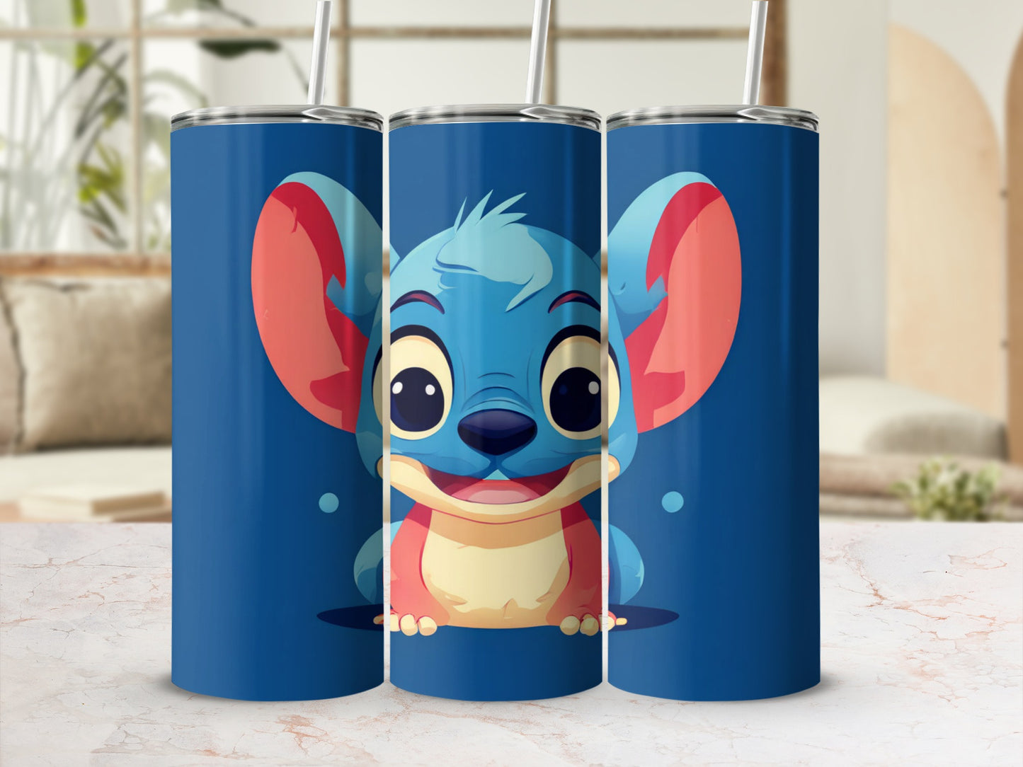 Blue Stitch character on three navy blue tumblers with straws.