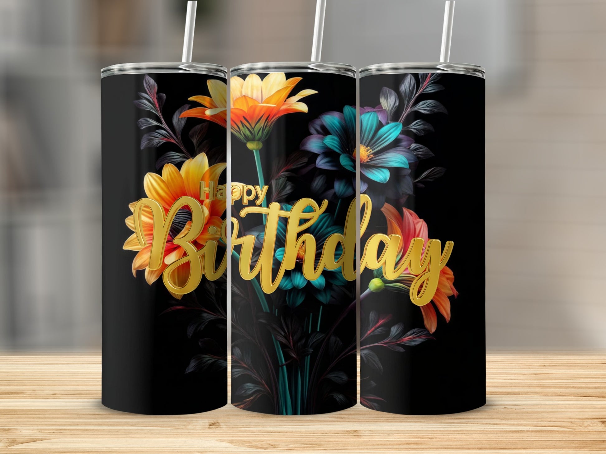 Black tumbler with "Happy Birthday" text and colorful floral design.