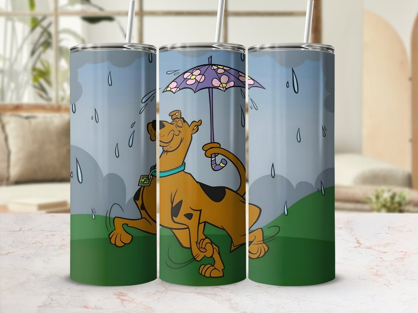 Scooby-Doo under a purple umbrella in the rain on a tumbler.