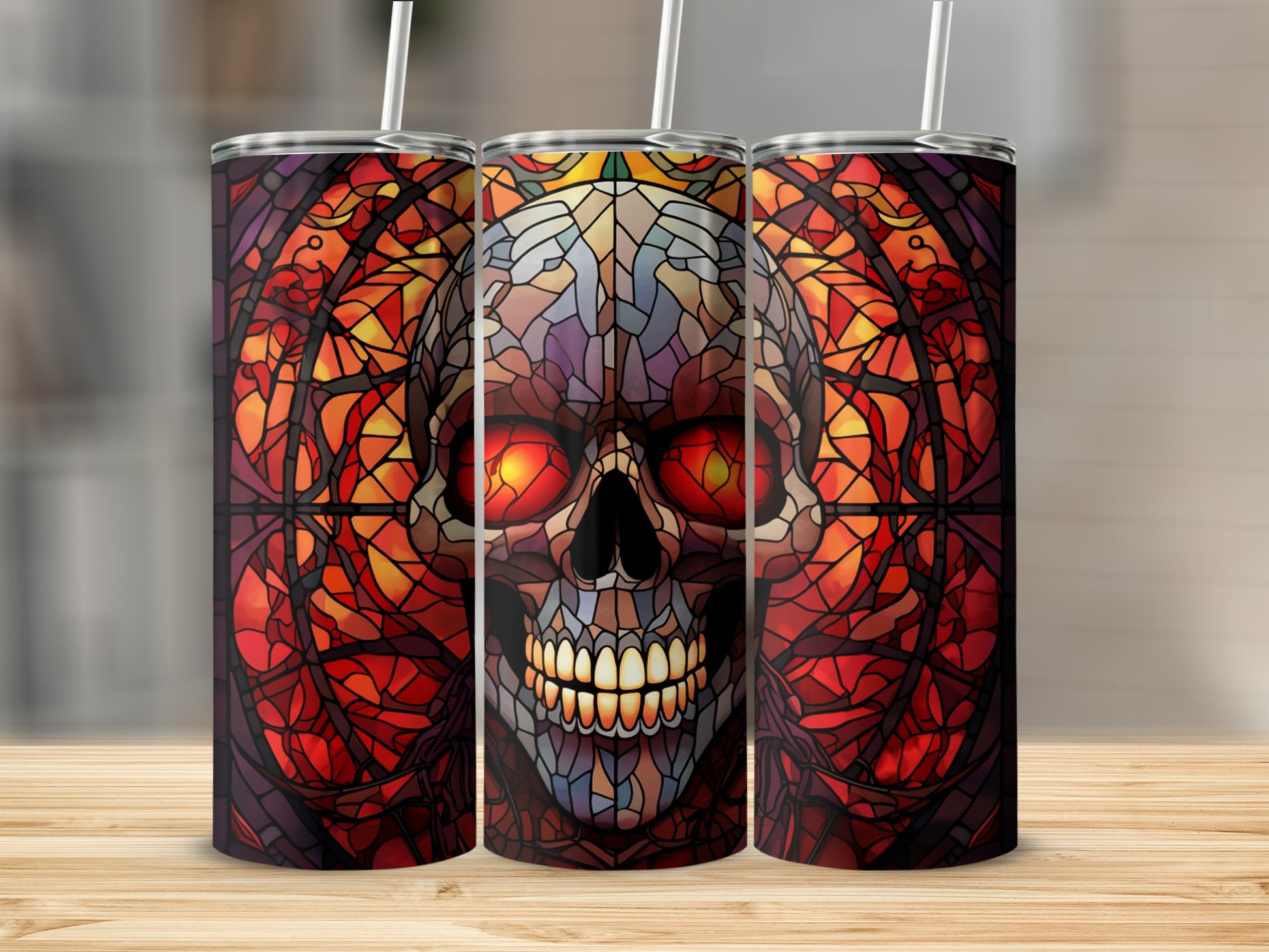 Stained glass skull tumbler with red glowing eyes and straw.