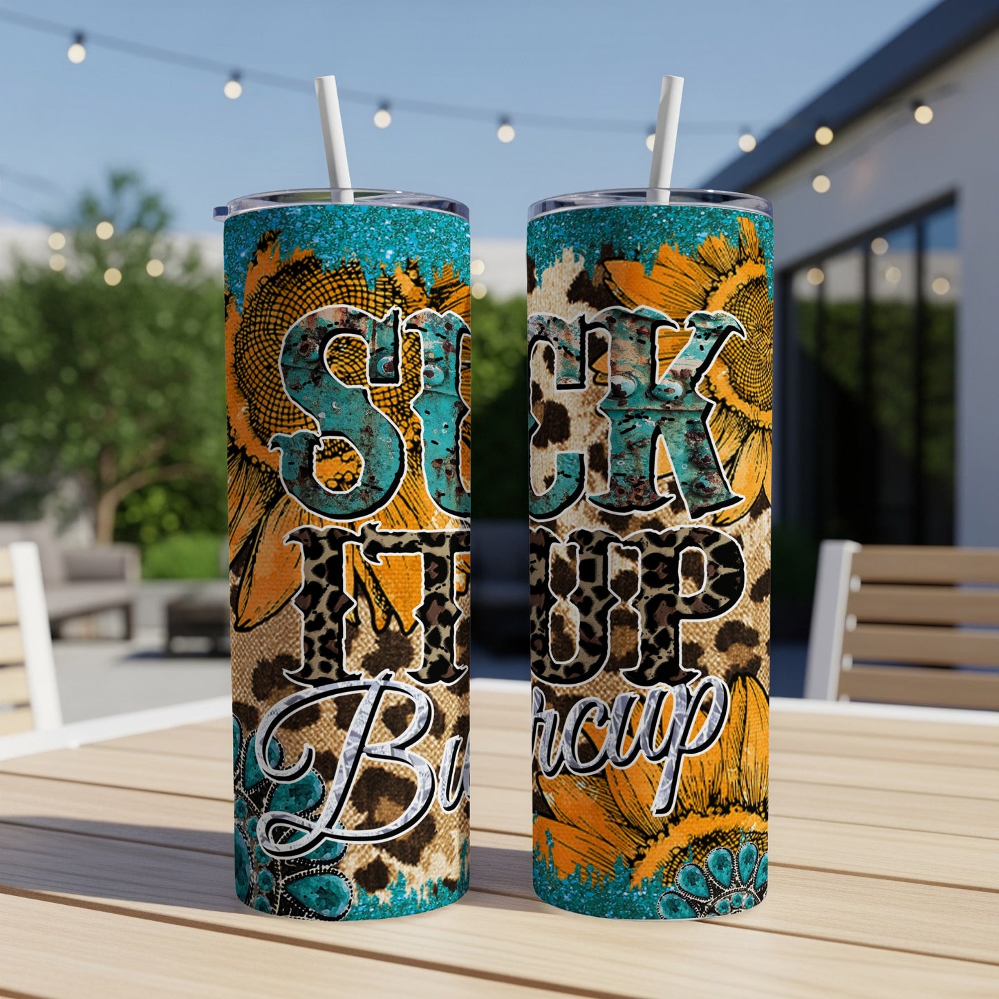 Turquoise tumbler with sunflowers, leopard print, and text "Shuck it up buttercup".