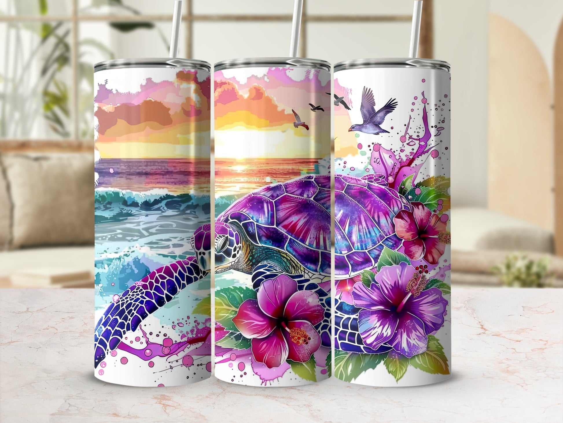 Three tumblers with colorful sea turtles and hibiscus flowers.