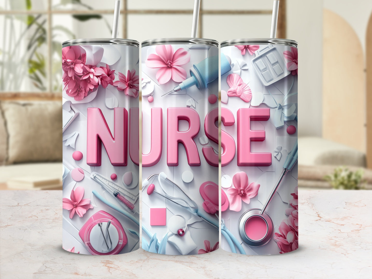Pink "NURSE" text on white tumbler with medical and floral design elements.