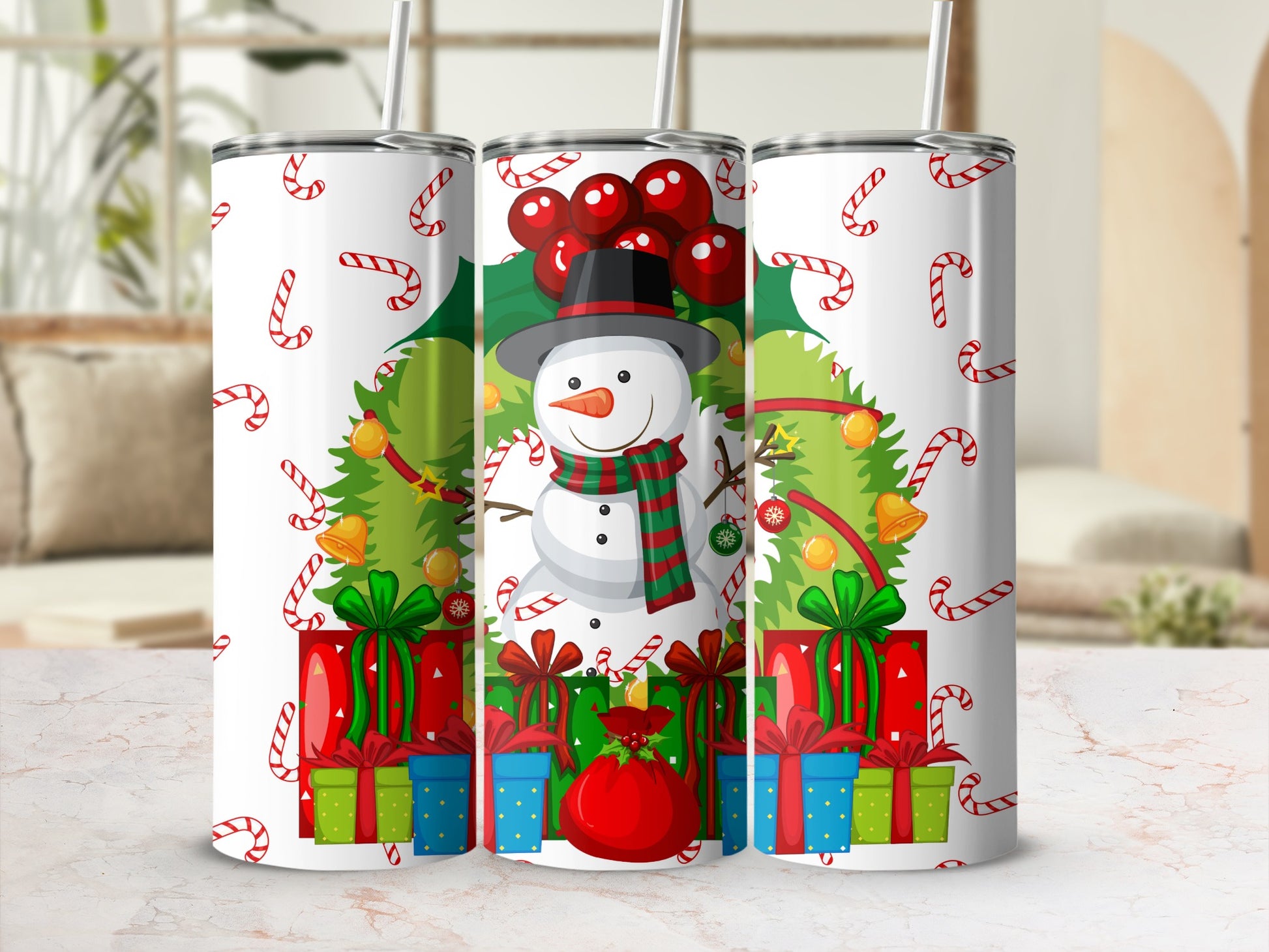 Festive Christmas Snowman Candy Cane Holiday Tumbler