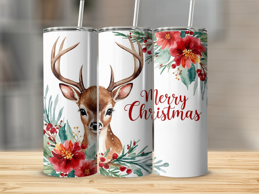 Christmas tumbler with deer and floral design and "Merry Christmas" text.