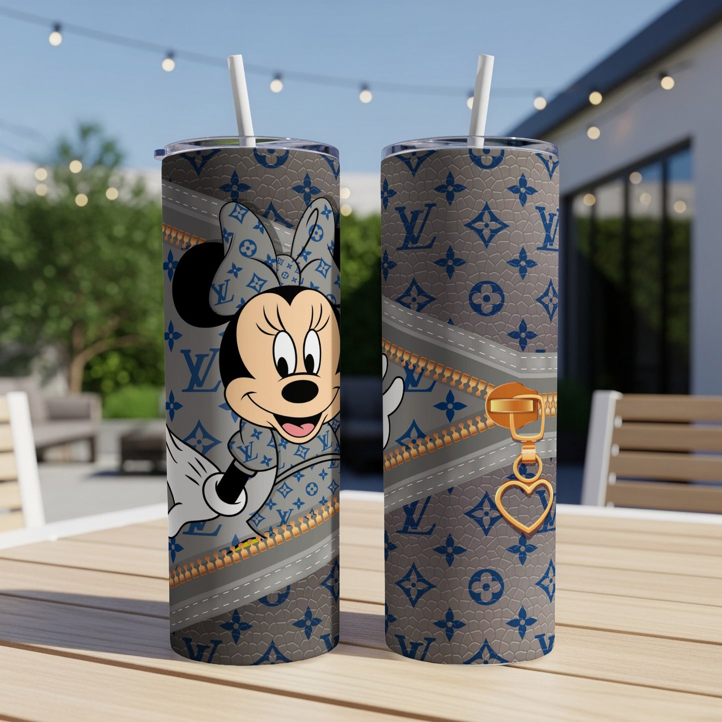 Minnie Mouse on gray background with LV pattern, gold zipper, and heart charm.