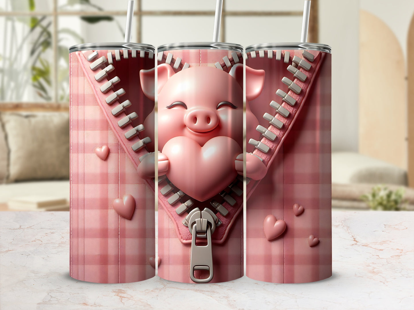 Pink plaid tumbler with a zipper revealing a smiling pig holding a heart.