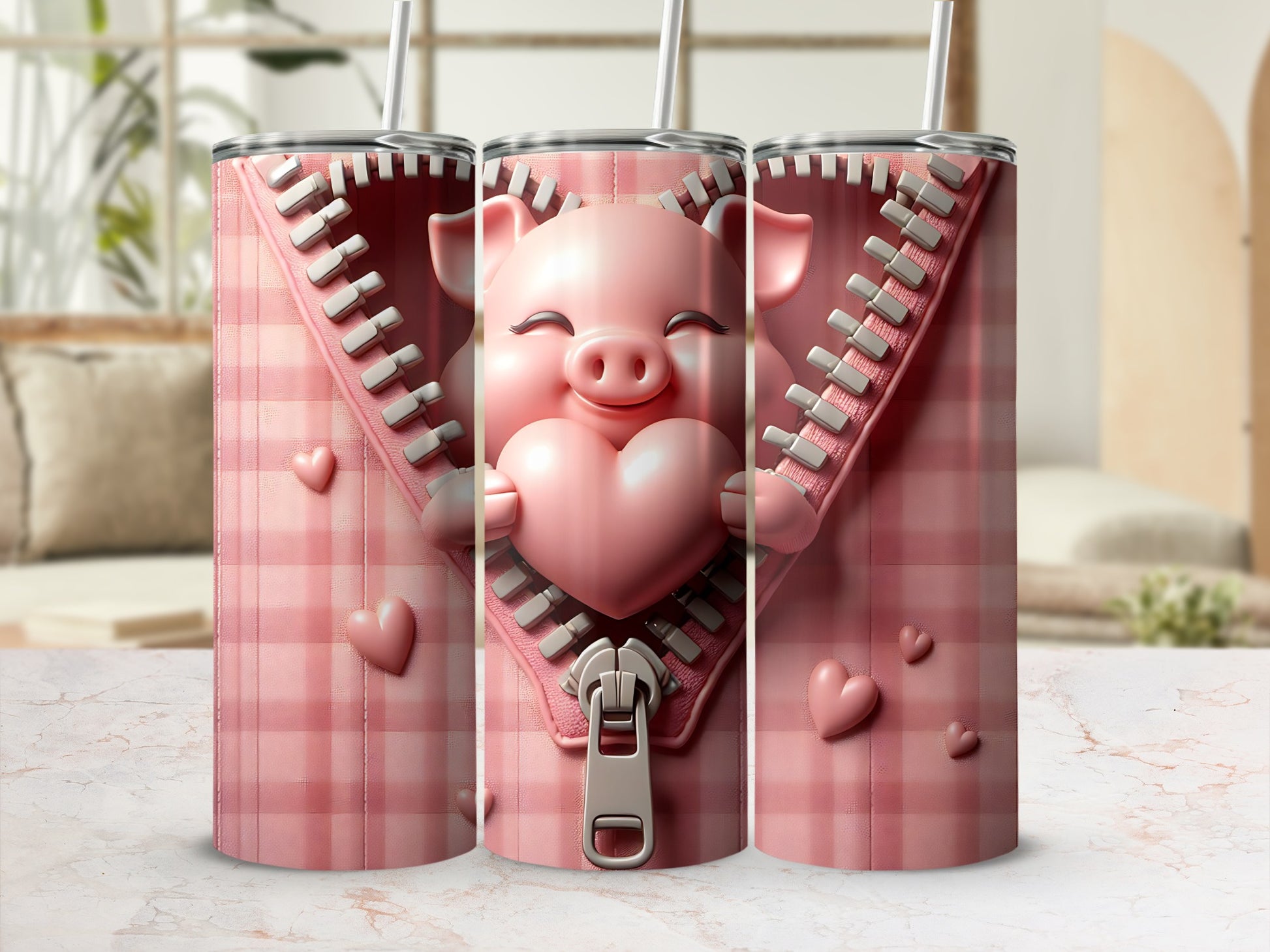 Pink plaid tumbler with a zipper revealing a smiling pig holding a heart.