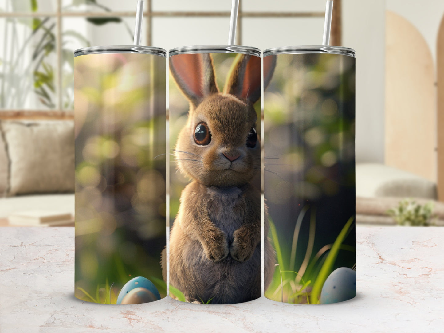 Bunny tumbler with Easter eggs and straw on a marble surface.