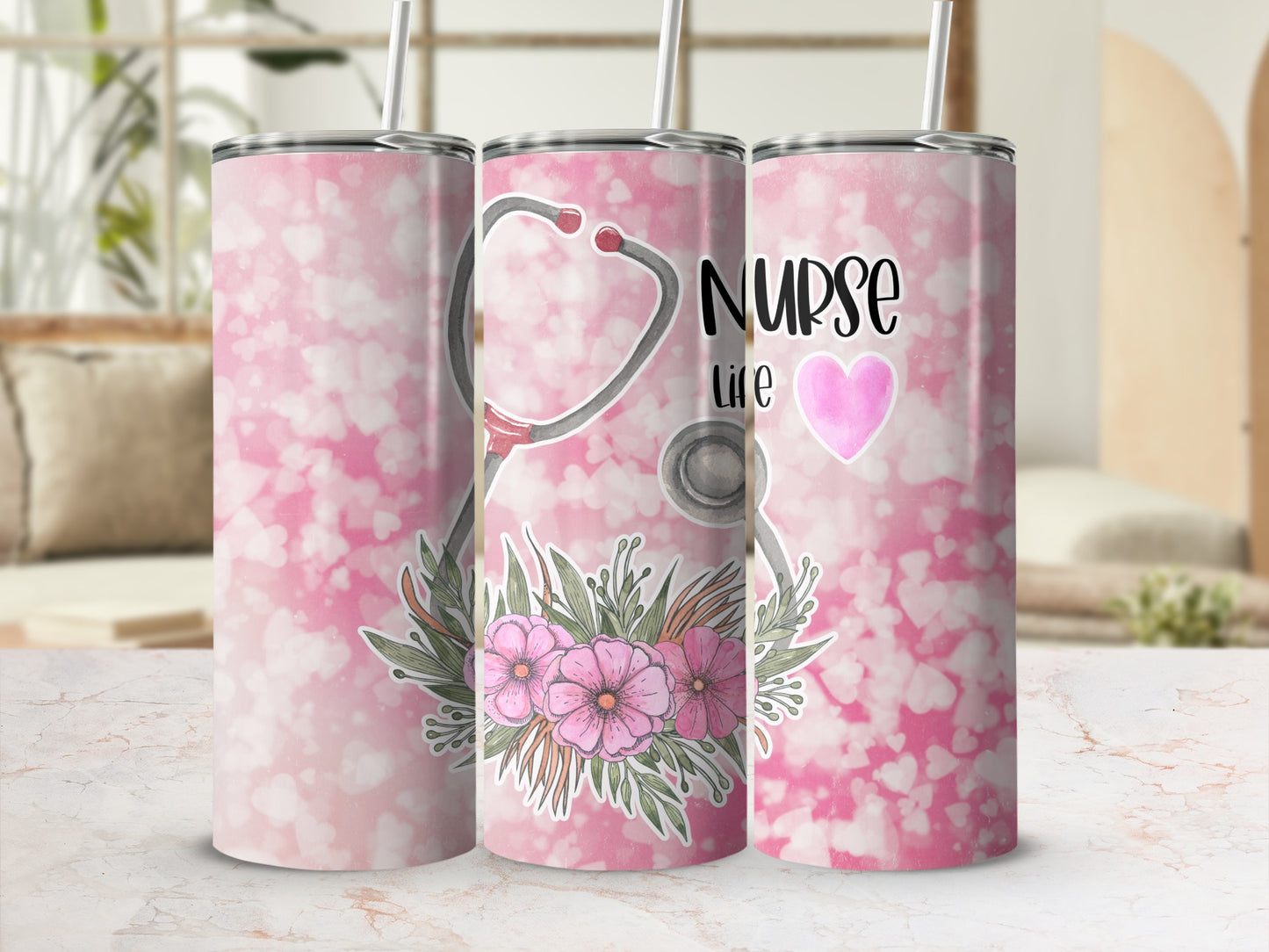 Nurse Life tumbler with stethoscope and pink floral accents.