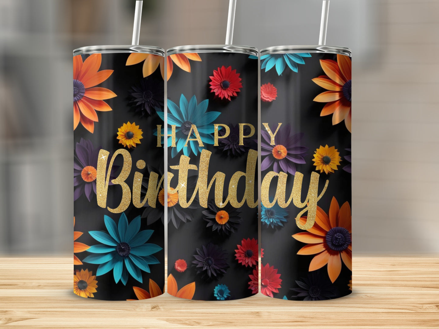 Happy Birthday tumbler with colorful floral accents on black background.