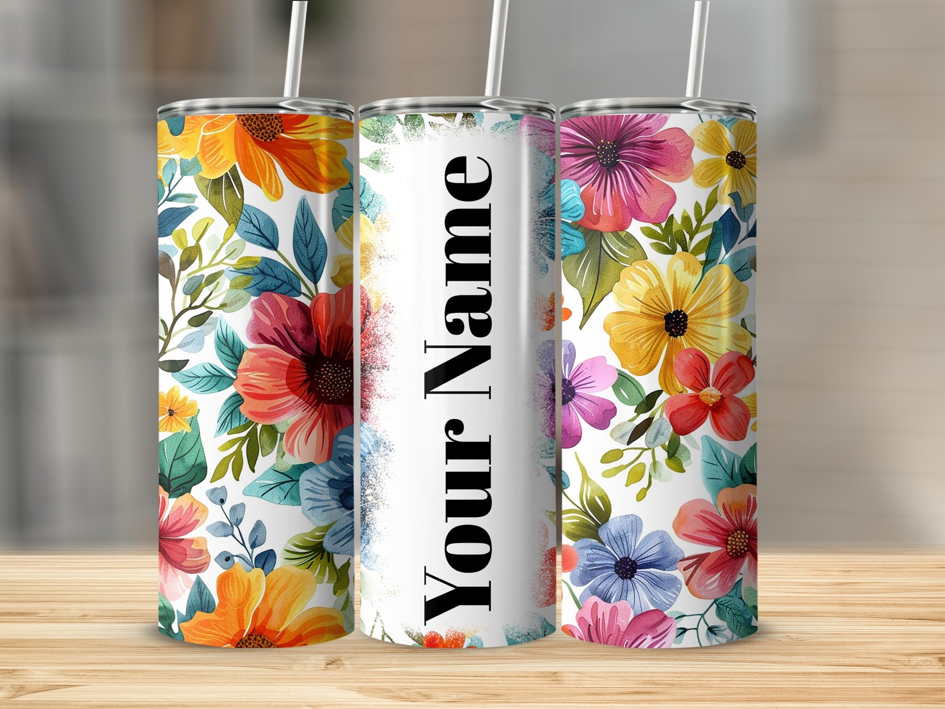 Personalized Colorful Floral Print Tumbler with Straw