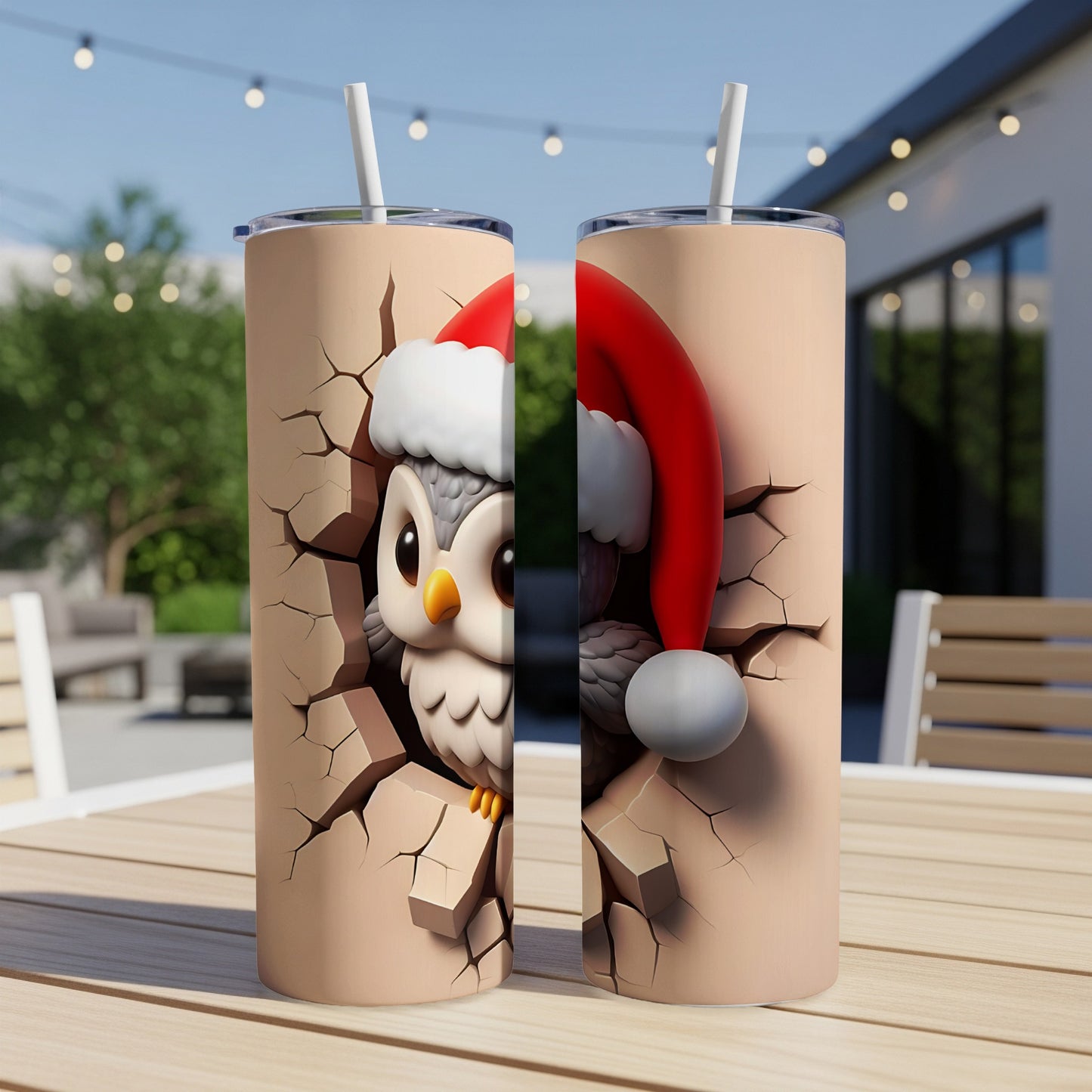 Christmas owl in Santa hat breaking through cracked surface on tumbler.