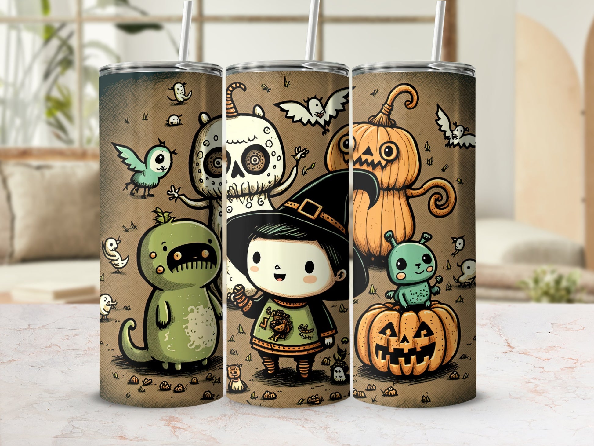 Adorable Halloween Cartoon Characters Drinking Tumbler