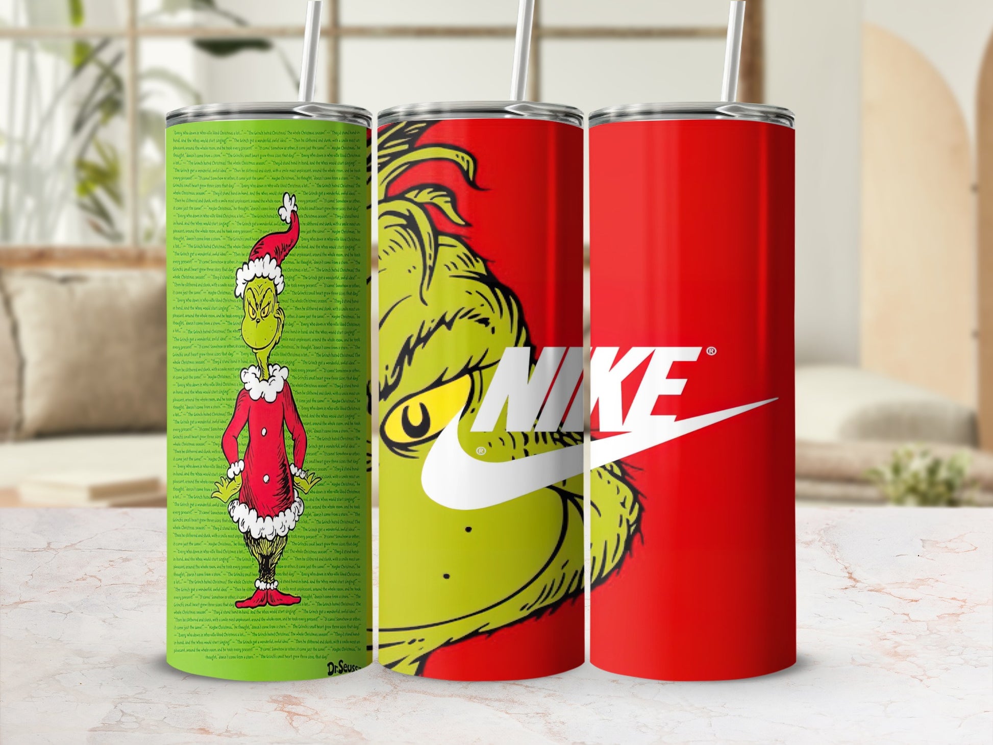 Grinch and Nike tumbler with text from "How the Grinch Stole Christmas."