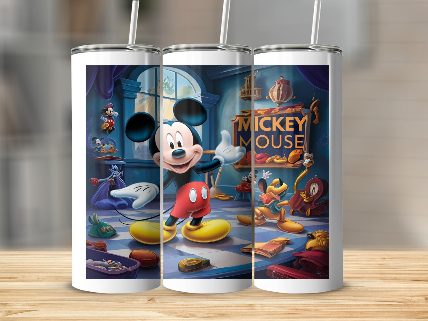 Mickey Mouse characters and "Mickey Mouse" text on three sublimation tumblers.