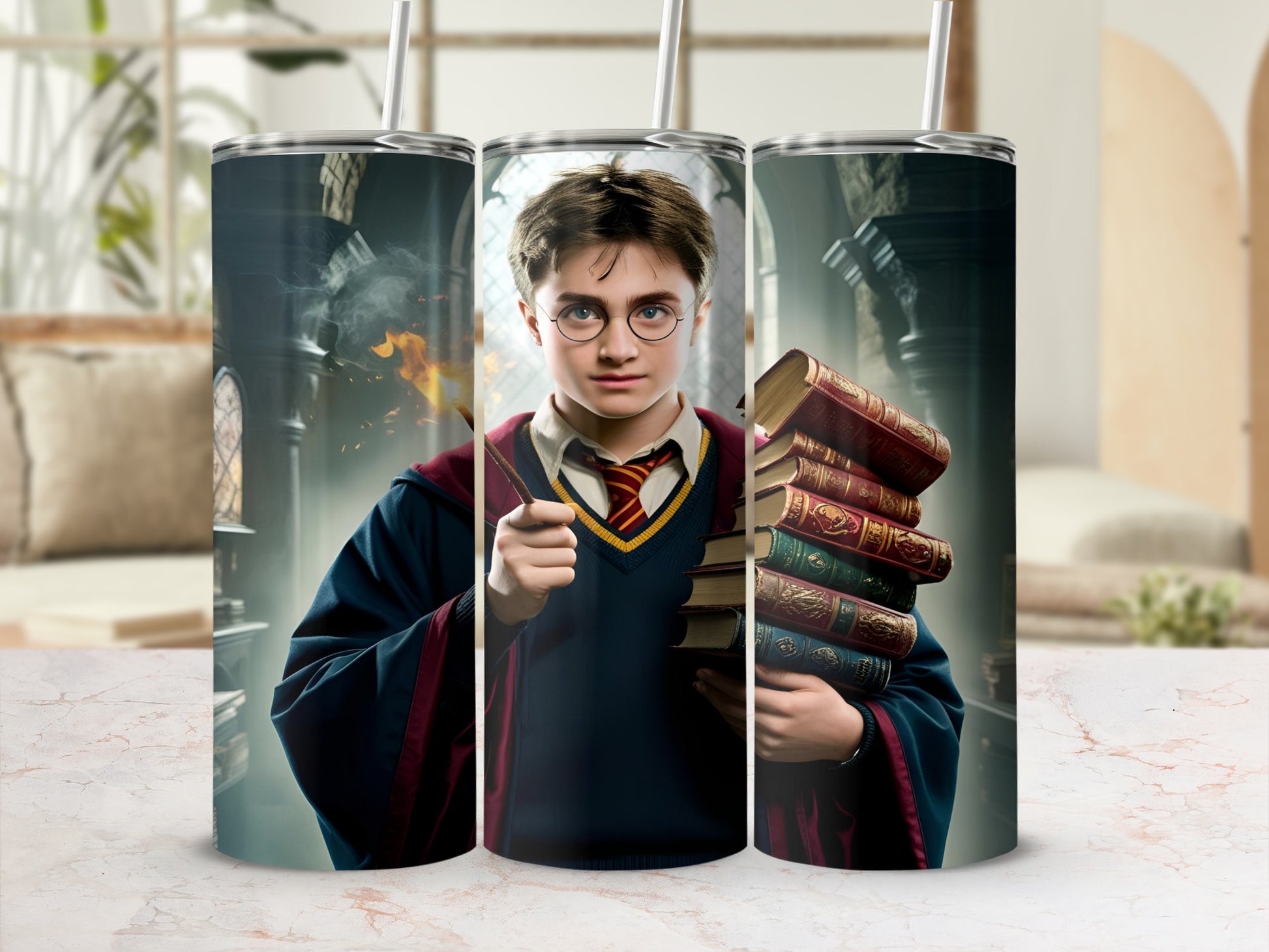 Harry Potter in Hogwarts uniform holding books and wand.