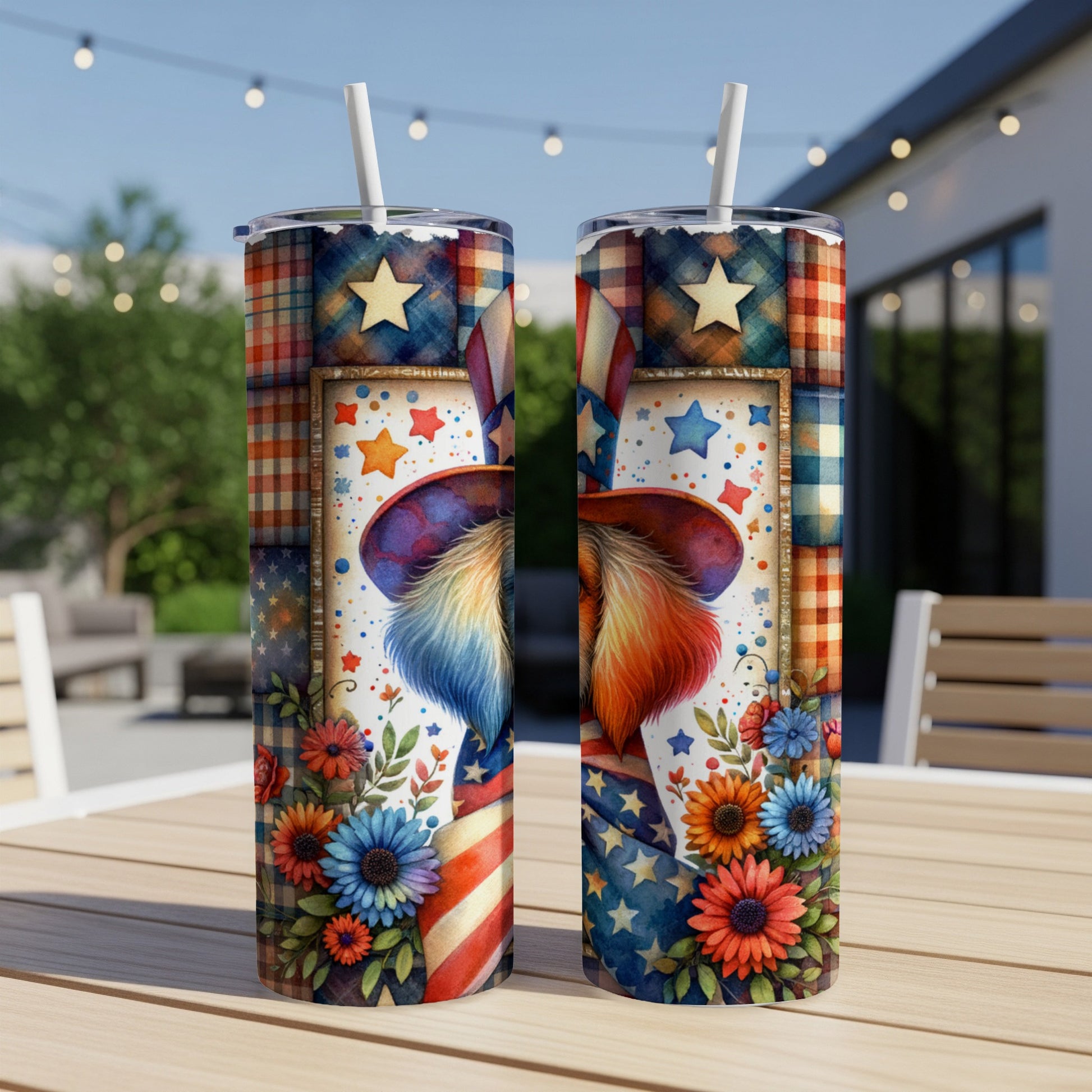 Two patriotic tumblers with stars, stripes, and floral designs.