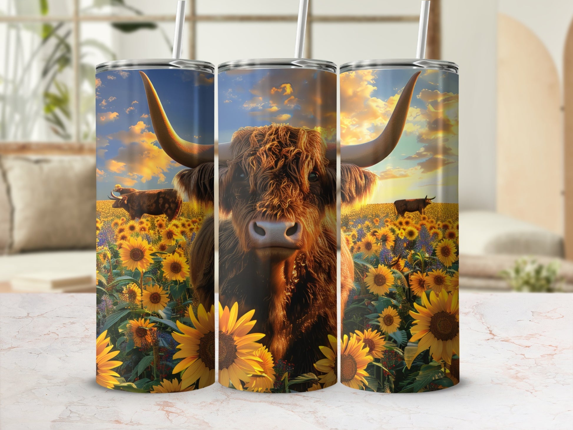 Highland cow in sunflower field with sunset and mountains.