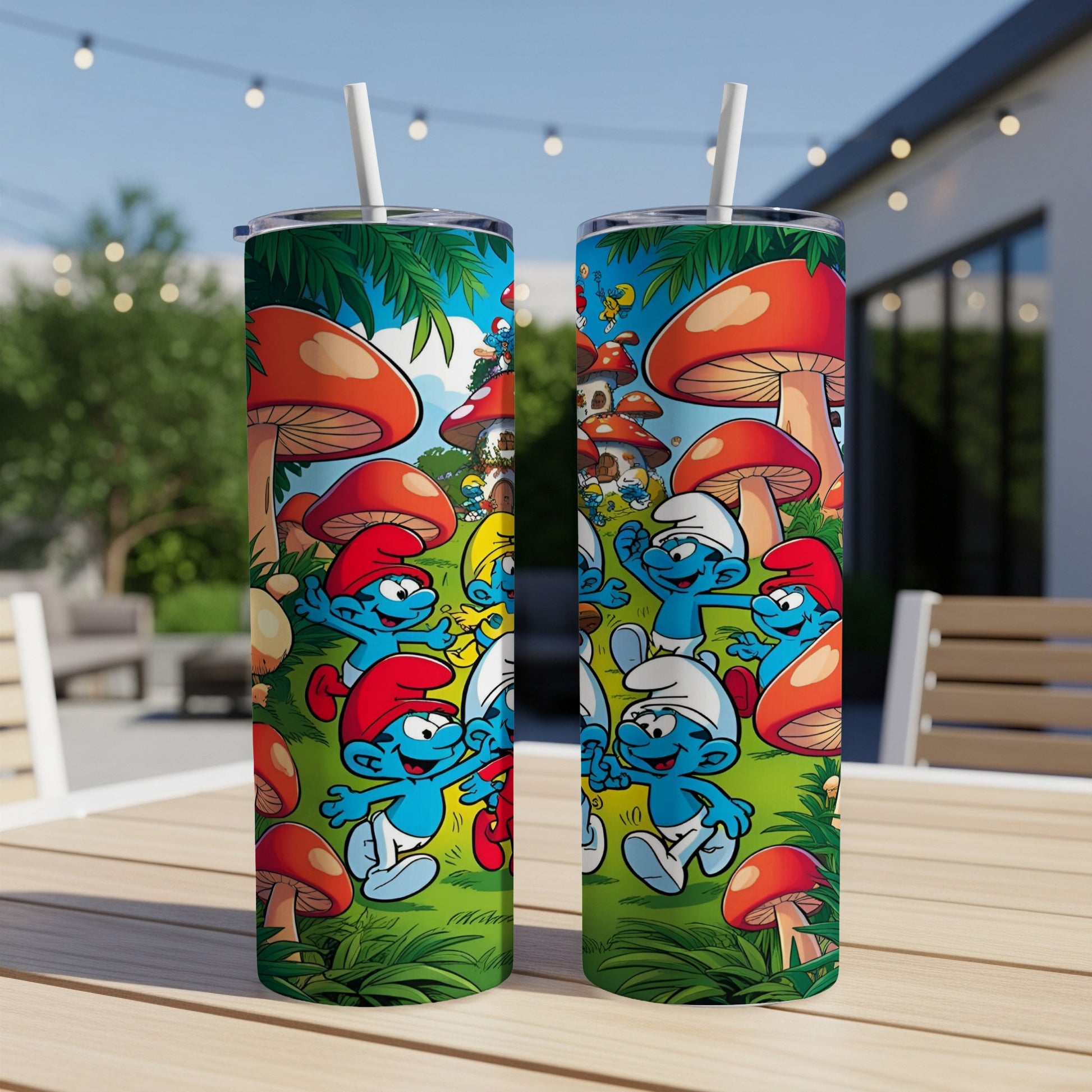 Smurfs in a mushroom village on a skinny tumbler.