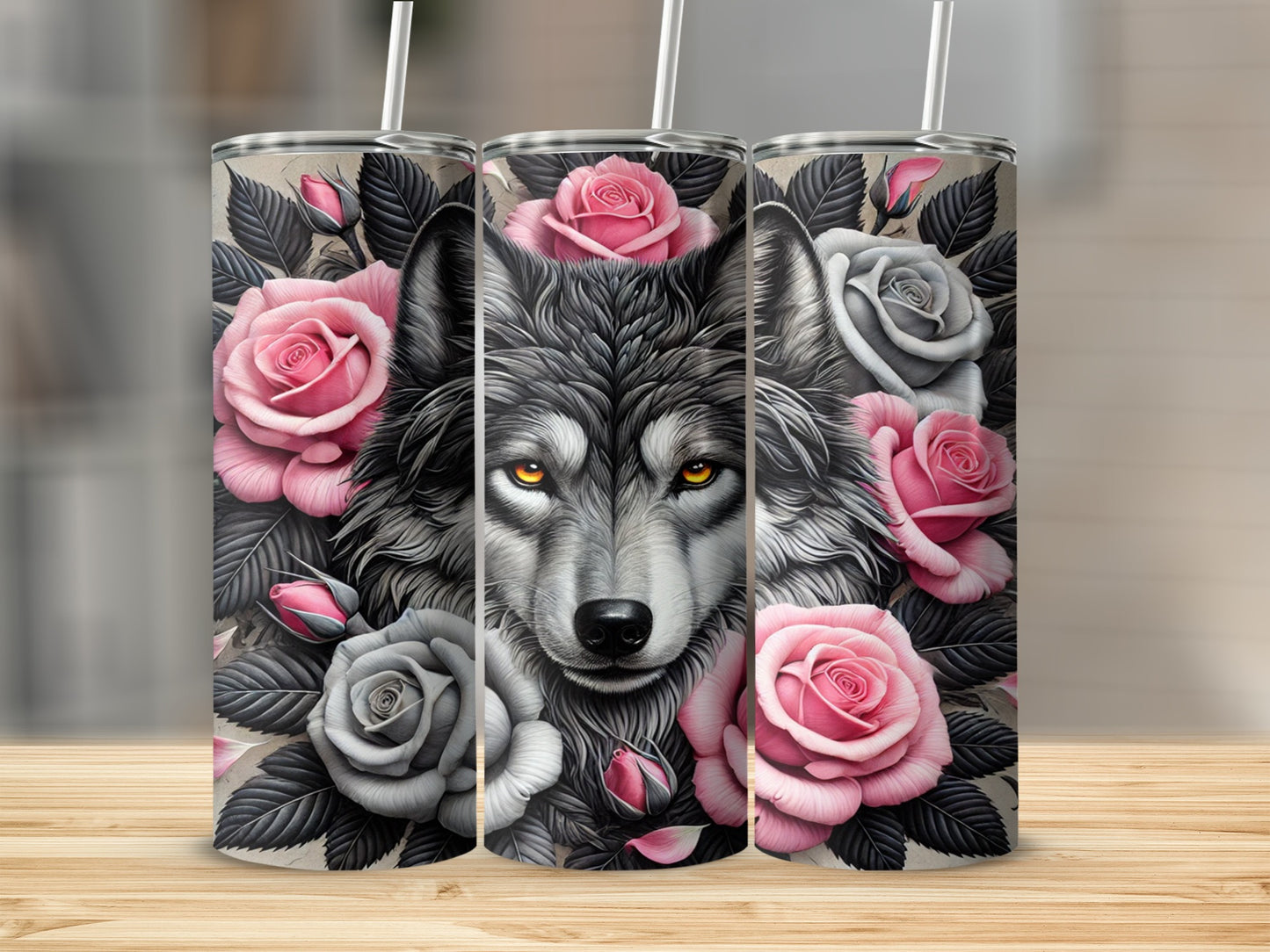 Wolf Design with Roses Stainless Steel Tumbler