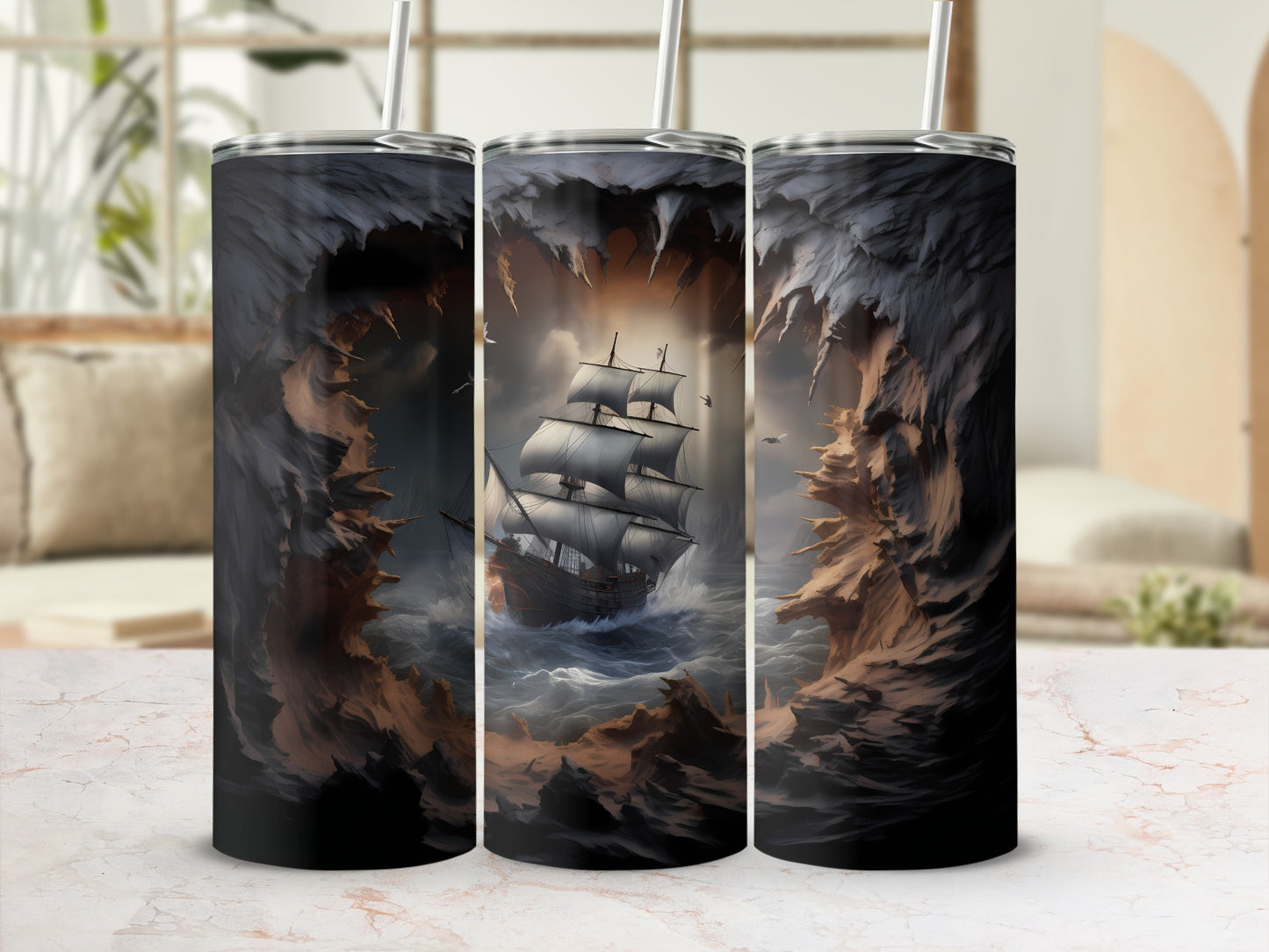 Tall tumbler with a stormy sea and sailing ship illustration.