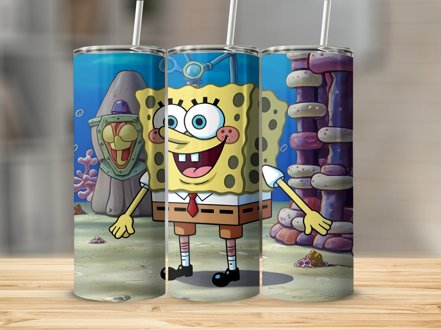 SpongeBob SquarePants cartoon character on a tumbler with underwater background.