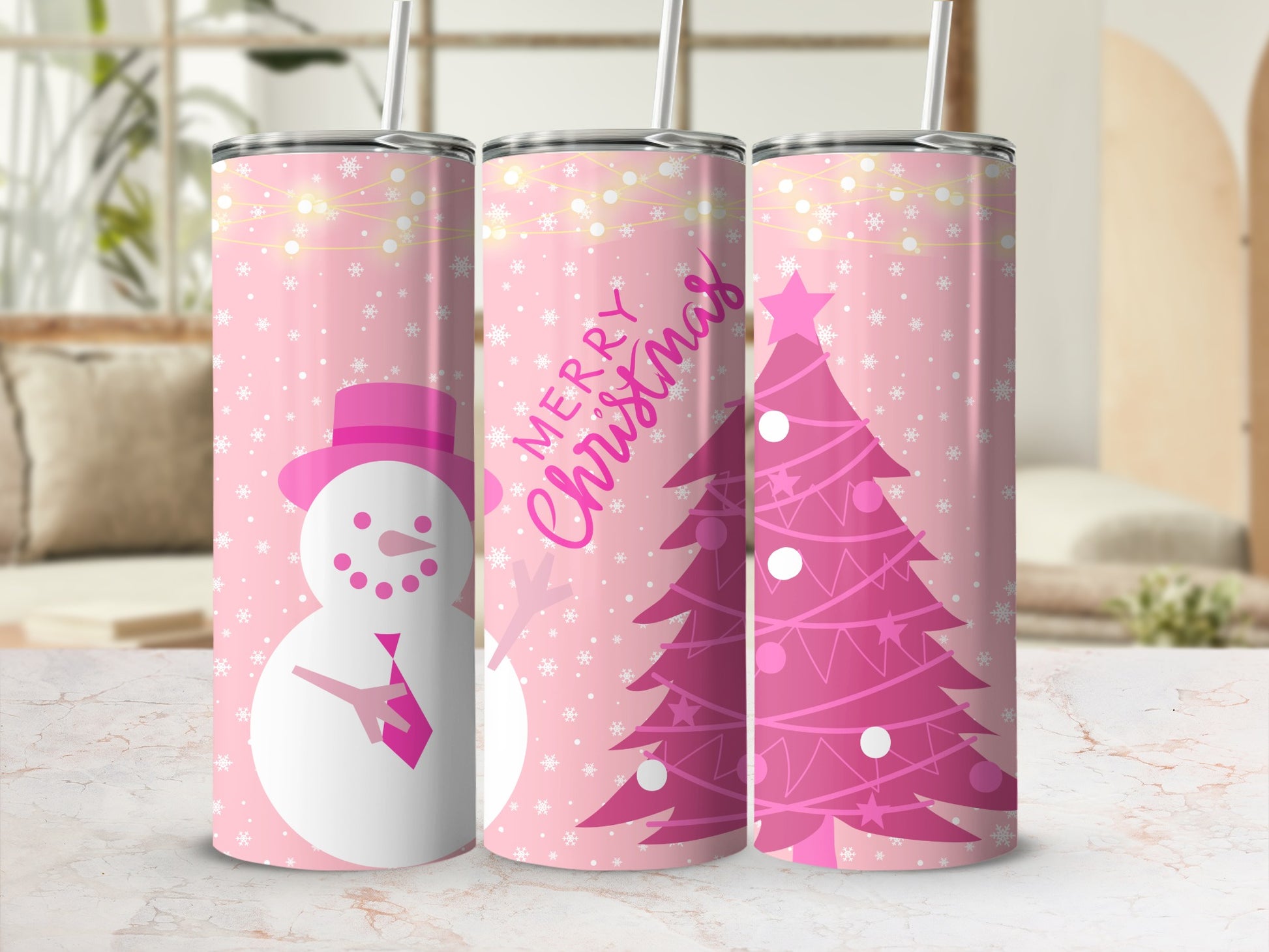Pink Christmas Tree Snowman Design Tumbler Product