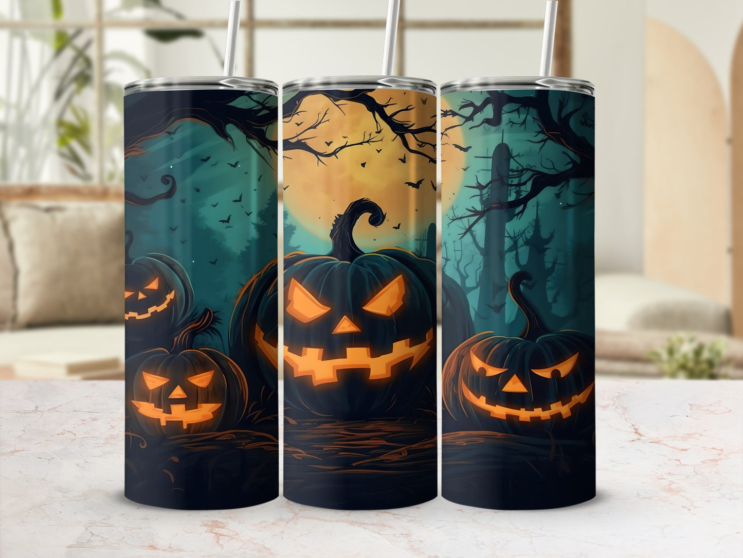 Spooky Halloween Themed Tumbler With Pumpkin Faces